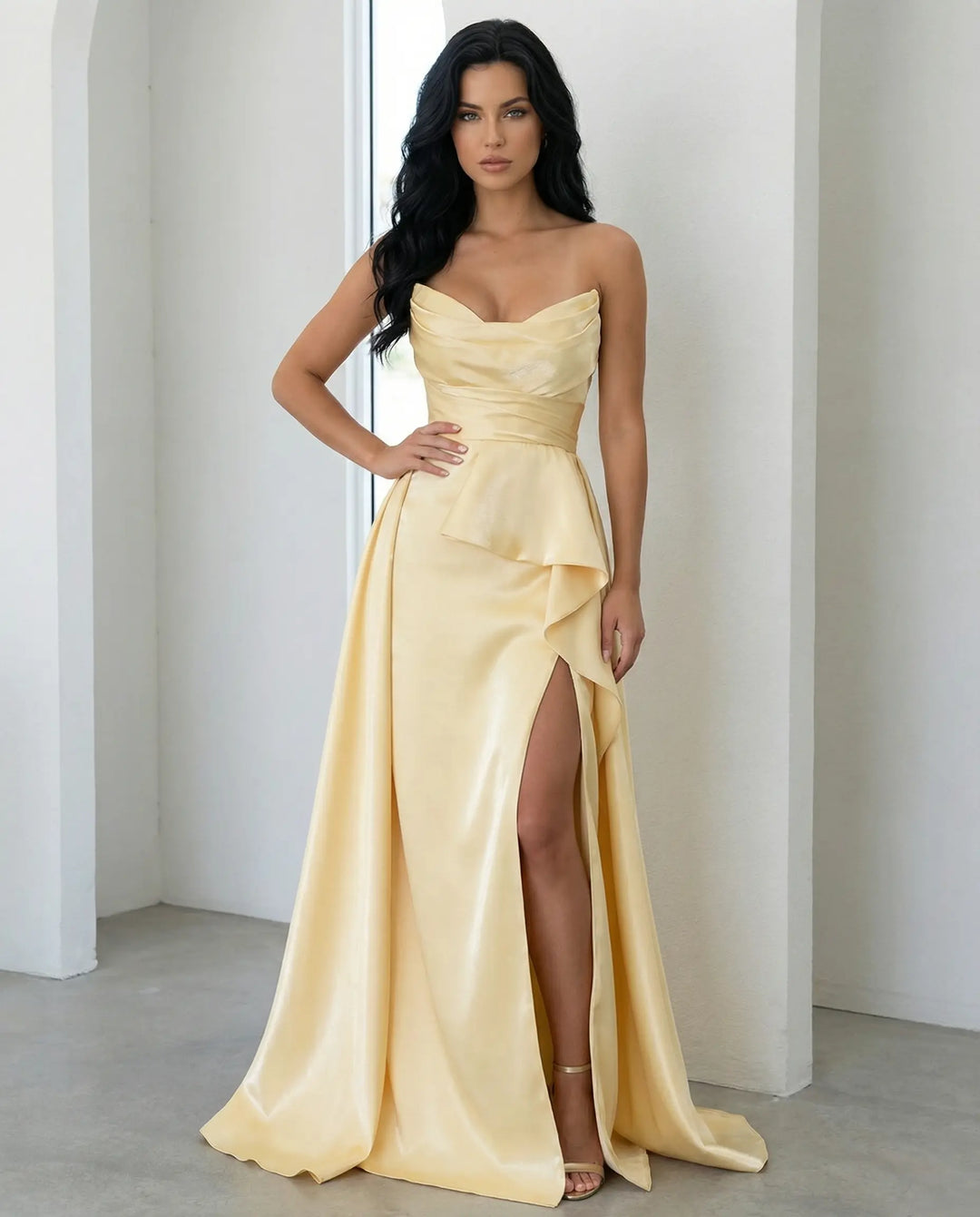 SOLACE  Pale Yellow Cowl Neck Strapless Ruffle High Slit Satin Maxi Dress 