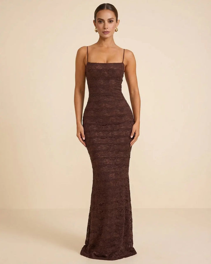 Brown Lace Spaghetti Strap Bodycon Back Slit Maxi Dress SOLACE