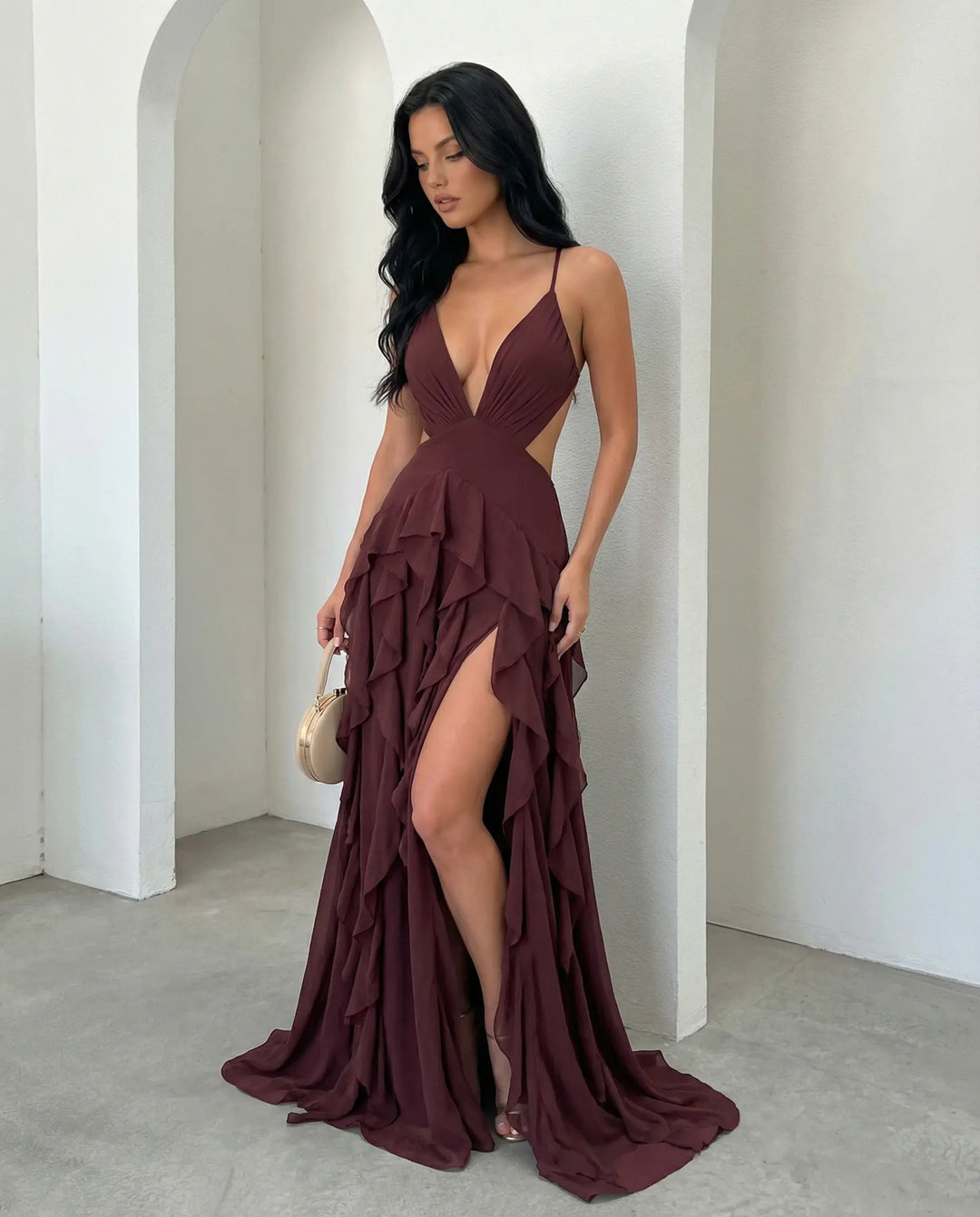 SOLACE  Burgundy Deep V Spaghetti Strap Cutout Ruffle High Slit Chiffon Maxi Dress 