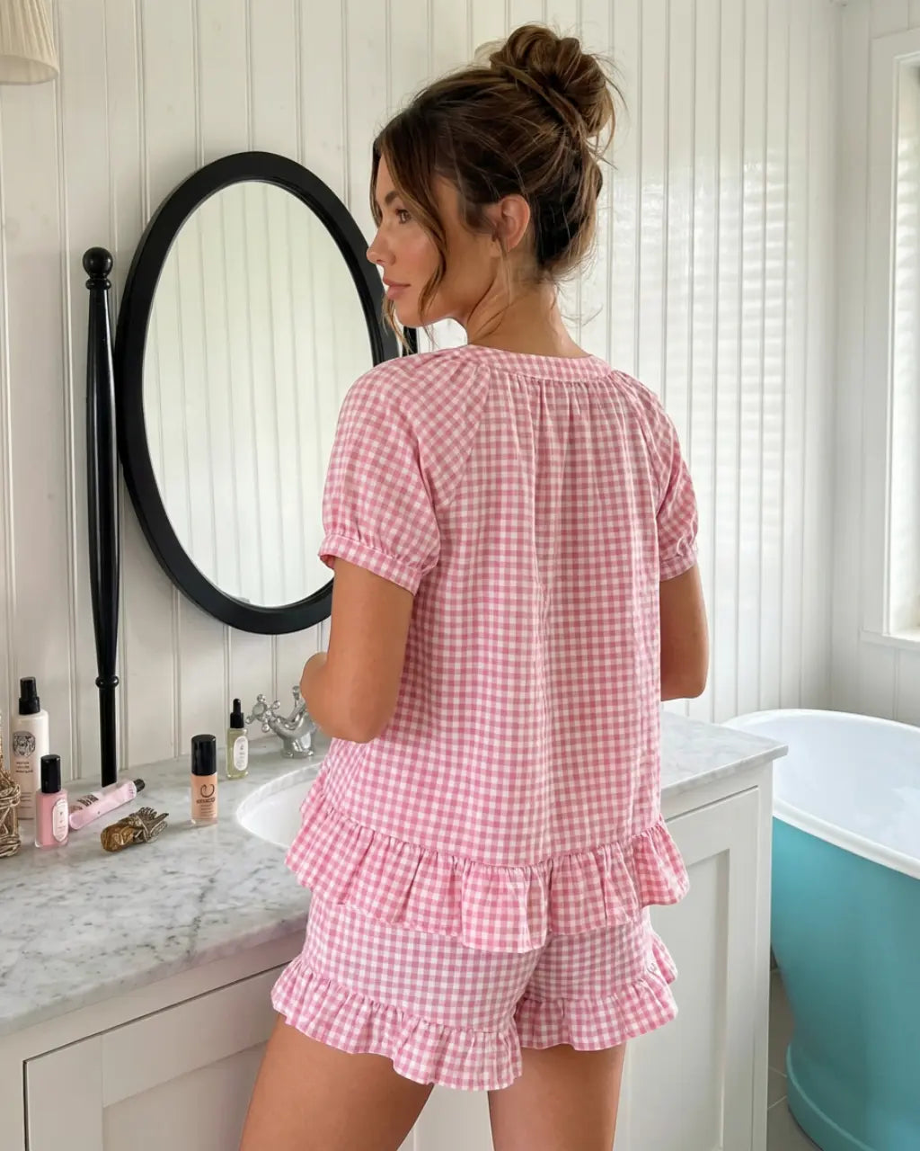 Pink Gingham Ruffle Trim Top Loose Mini Shorts Loungewear Set SOLACE