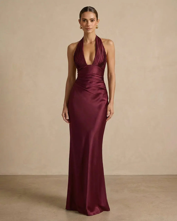 Elegant Burgundy Halter Neck Satin Corset Maxi Dress SOLACE