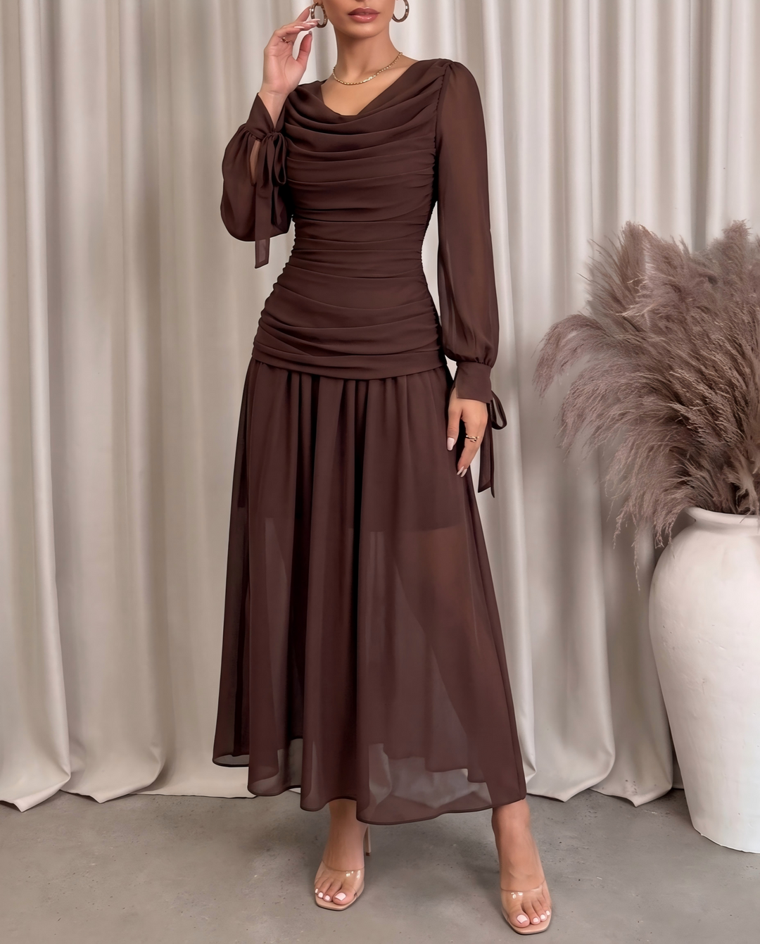 Brown Cowl Neck Tie‑Cuff Chiffon Maxi Dress