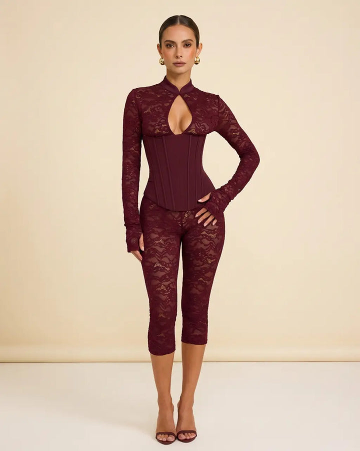 Lace Mandarin Collar Keyhole Corset Waist Jumpsuit SOLACE