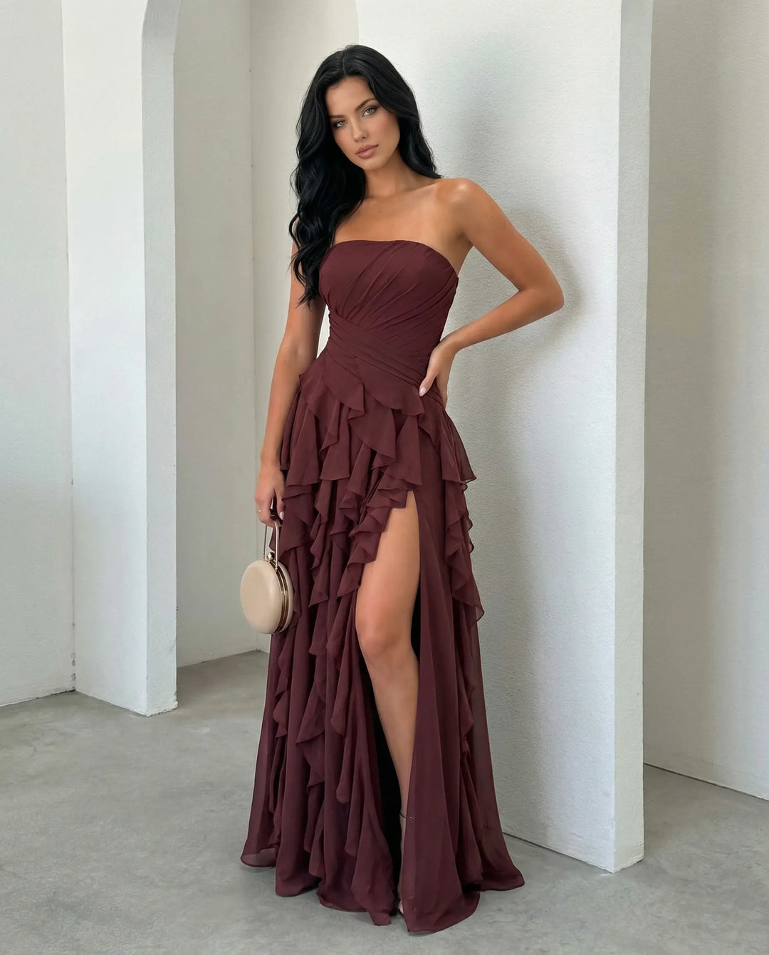 SOLACE  Burgundy Strapless Ruched Waist Cascading Ruffle High Slit Chiffon Maxi Dress 