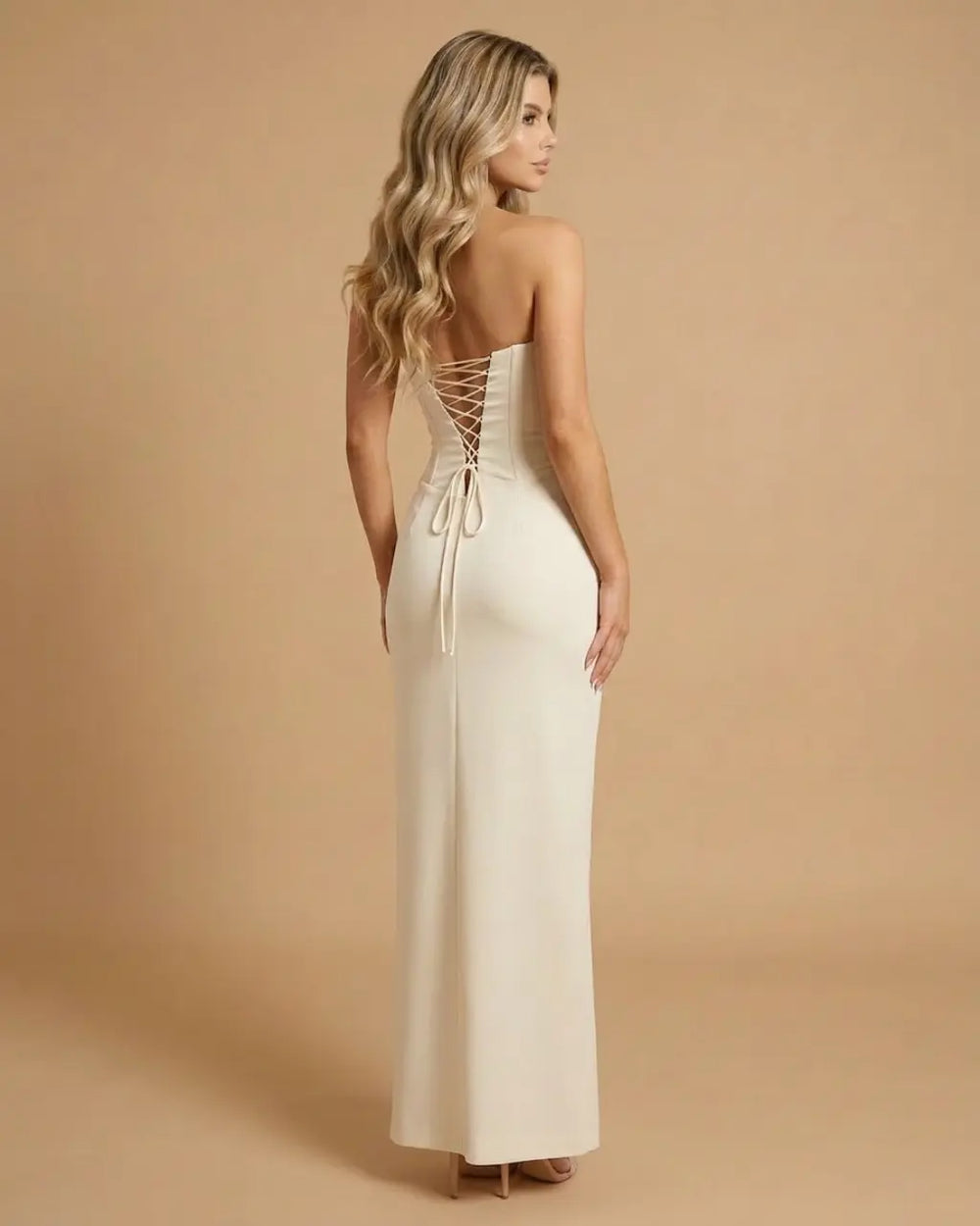 SOLACE  Cream Strapless Corset Draped Waist Maxi Bodycon Dress 