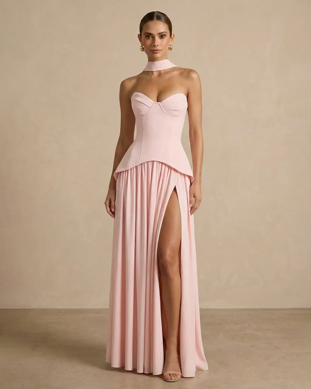 Blush Pink Halter Neck Bustier Corset Slit Maxi Dress SOLACE