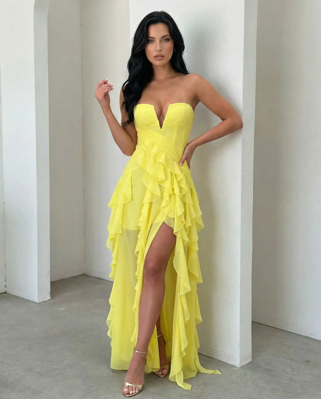 SOLACE  Lemon Yellow Halter Neck Strapless Corset Ruffle High Slit Chiffon Maxi Dress 