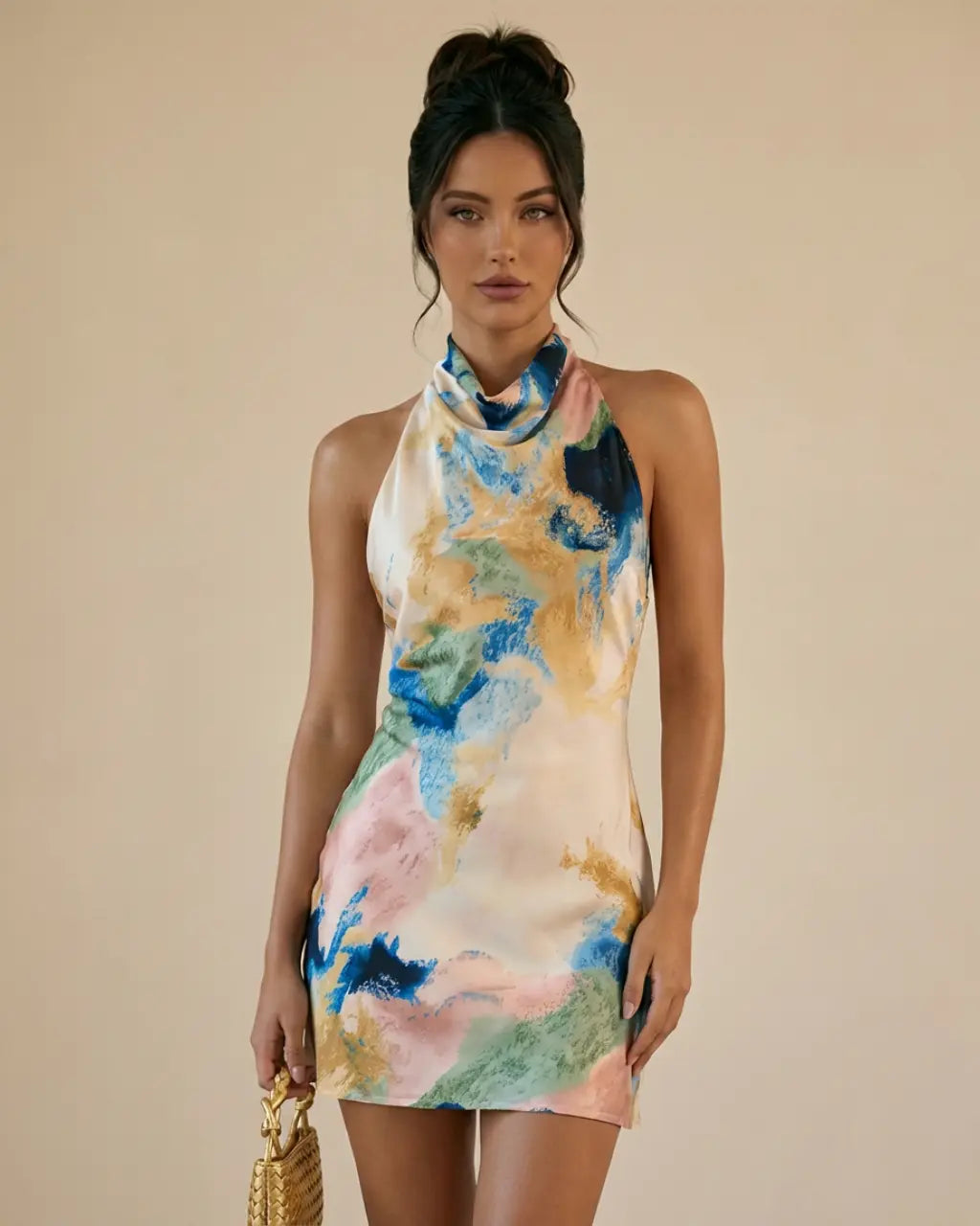 SOLACE  Multicolor Watercolor Print Cowl Neck Halter Bodycon Mini Dress 