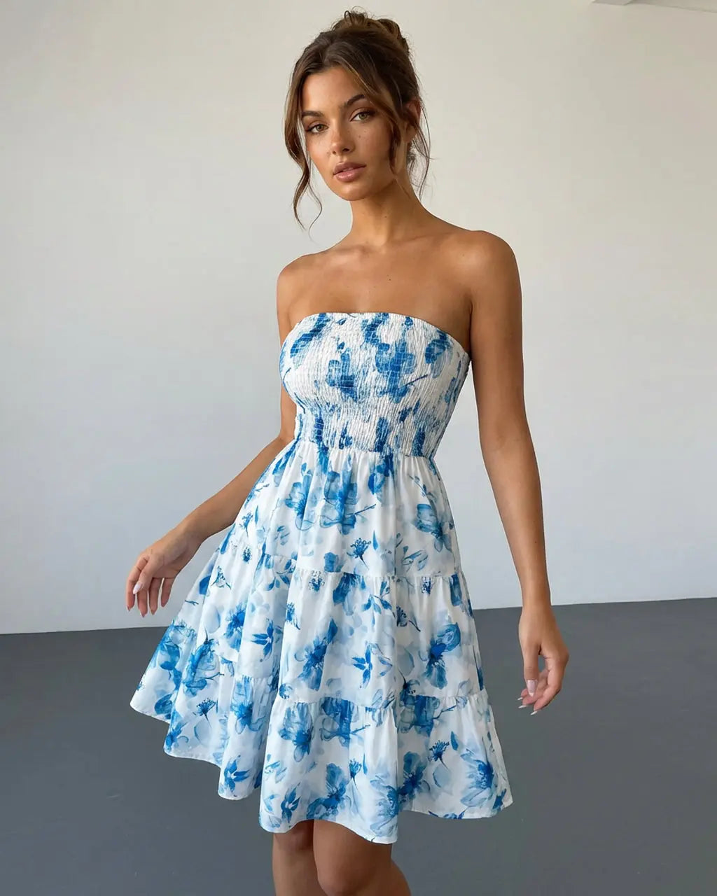 Blue Floral Print Strapless Smocked Tiered Mini Dress SOLACE