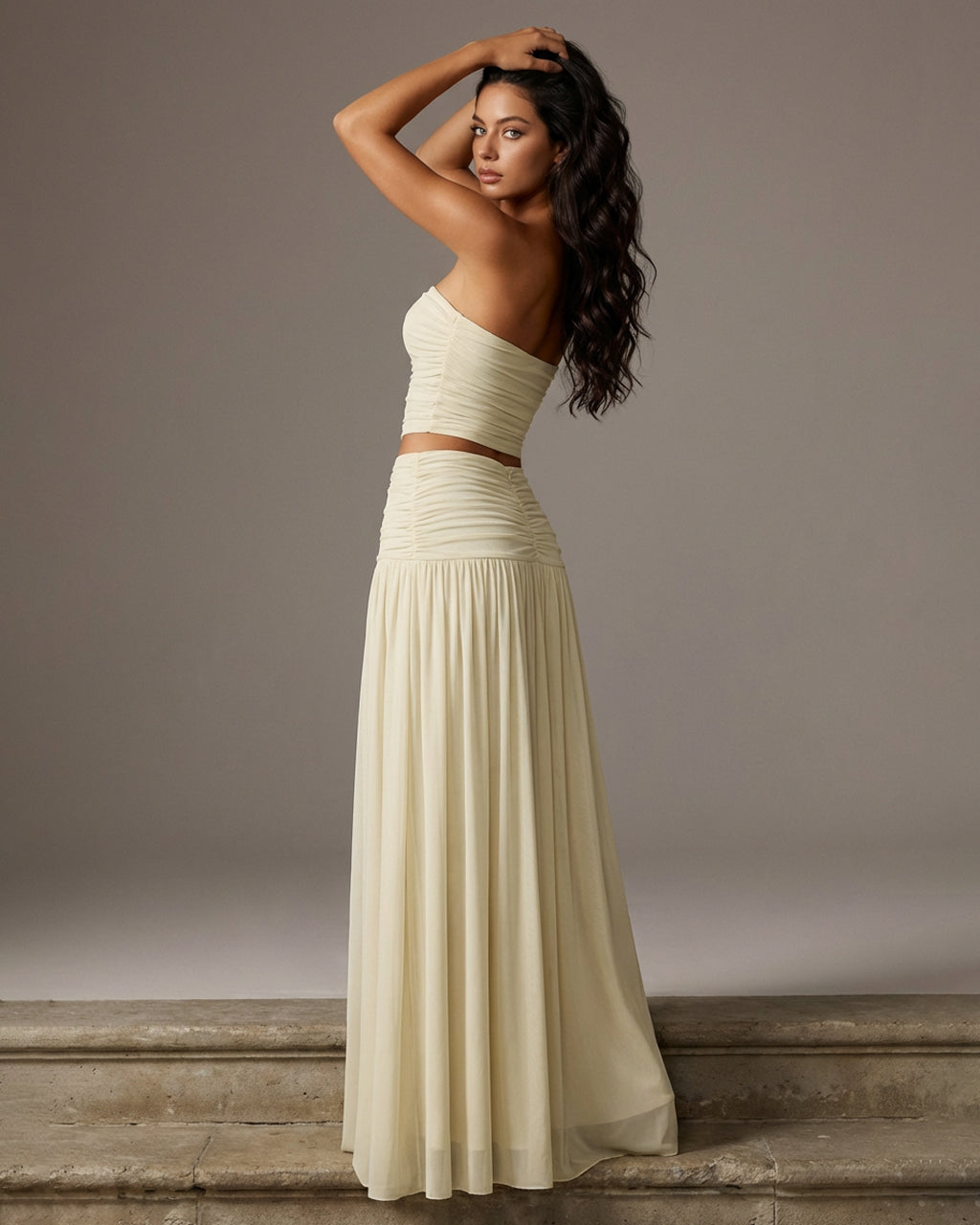 Beige Strapless Ruched Crop Top Flowy Maxi Skirt Set