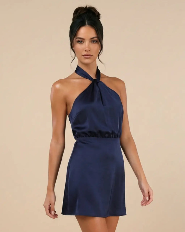 SOLACE  Navy Blue Satin Halter Neck Slim Fit Mini Dress 