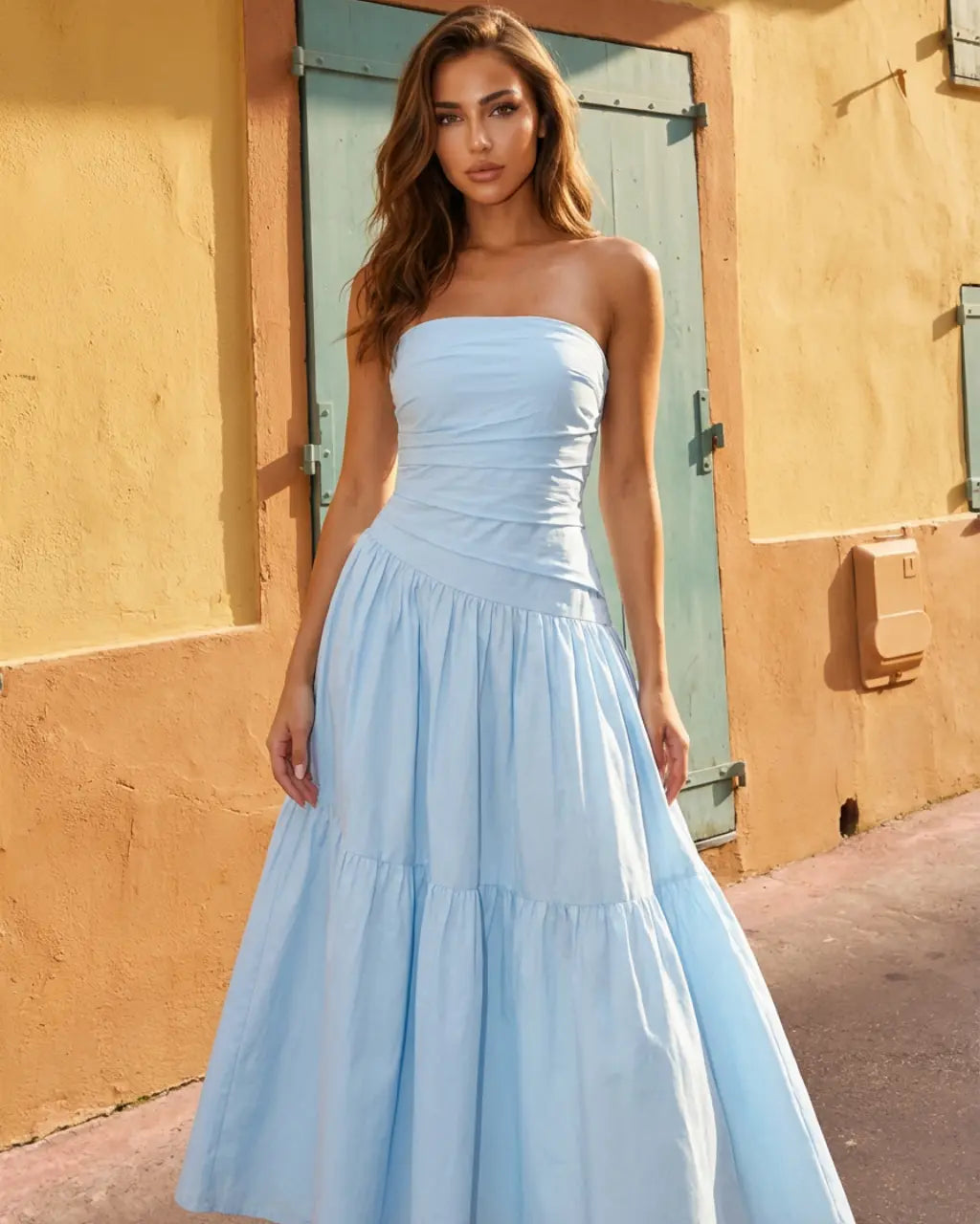 Light Blue Strapless Ruching Breathable Cotton Slim Fit Maxi Dress SOLACE
