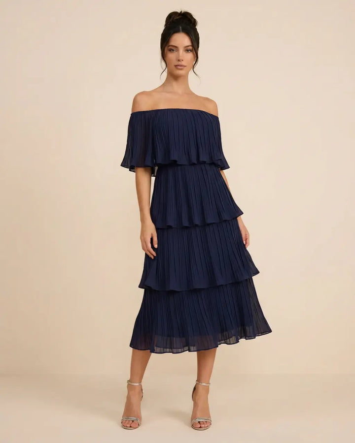 SOLACE  Navy Blue Pleated Tiered Slim Fit Midi Dress 