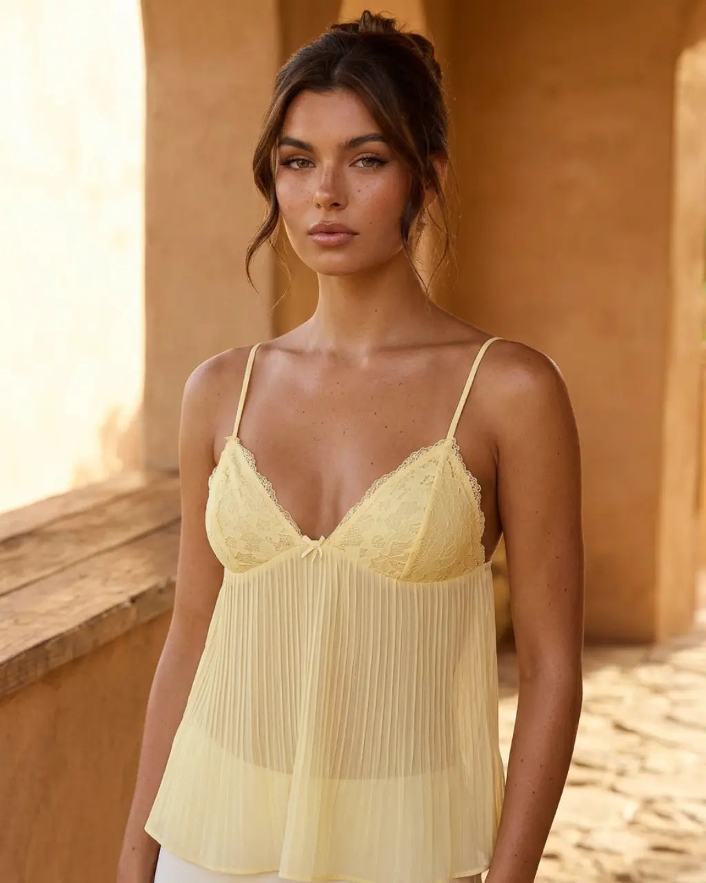 Yellow Lace Trim Pleated Spaghetti Strap Babydoll Vacation Cropped Top SOLACE