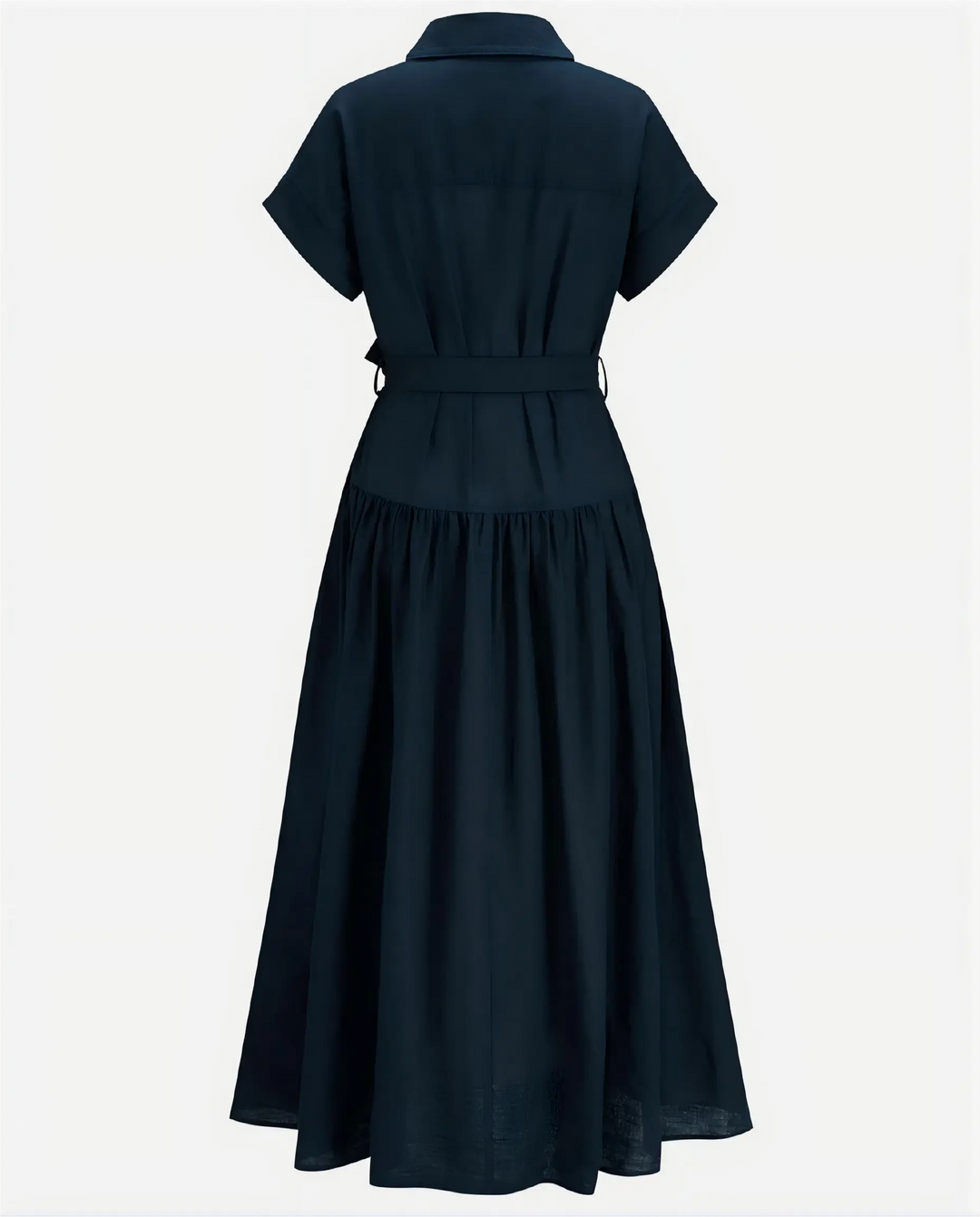 SOLACE  Navy Blue Belted Linen Blend Midi Shirt Dress 