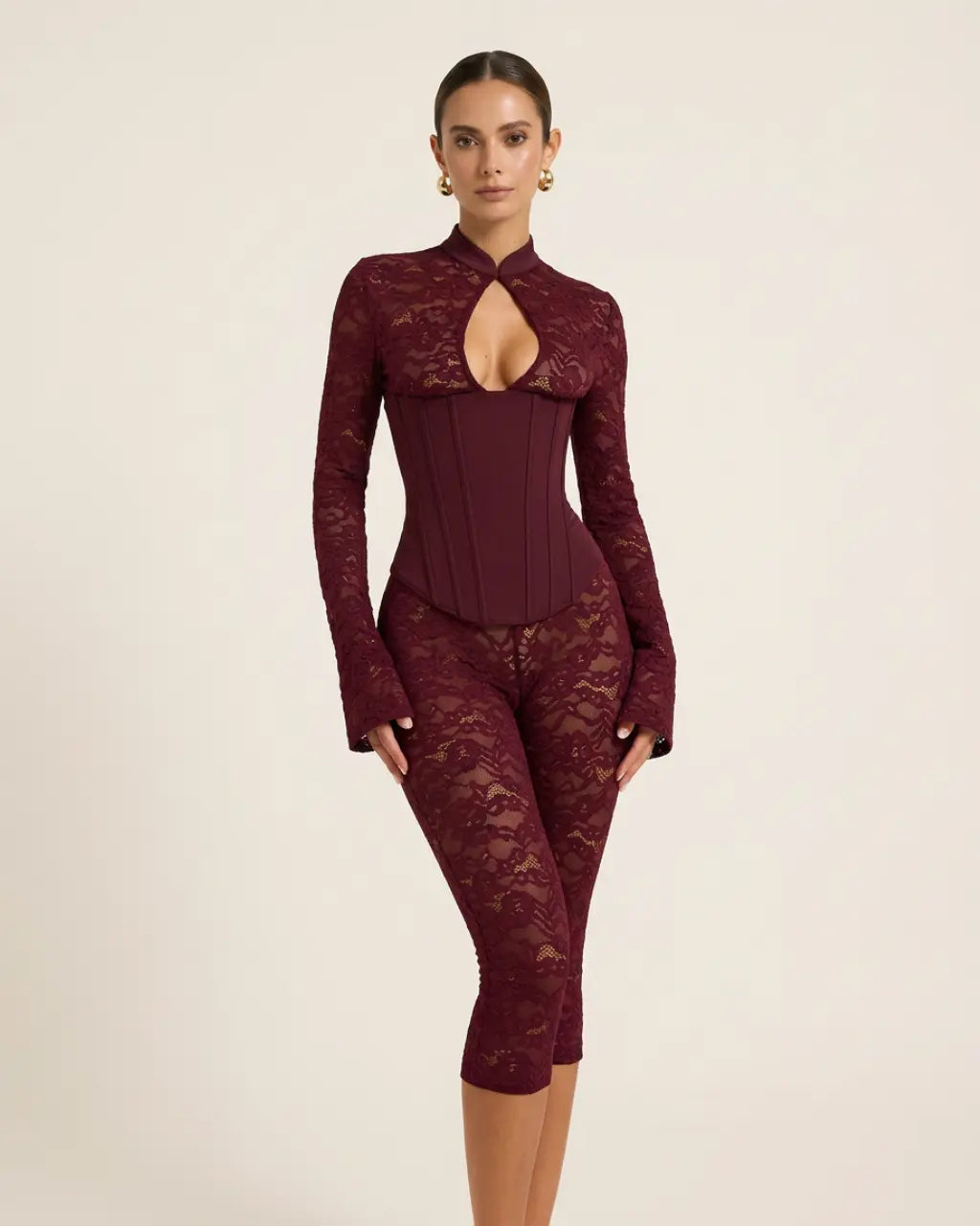 Lace Mandarin Collar Keyhole Corset Waist Jumpsuit SOLACE