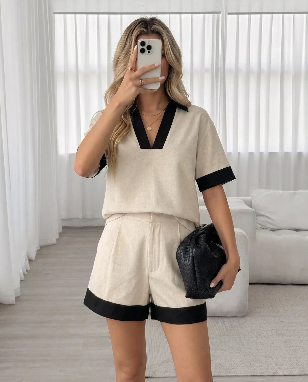 SOLACE  Beige Contrast Trim Linen Blend Two-Piece Set 