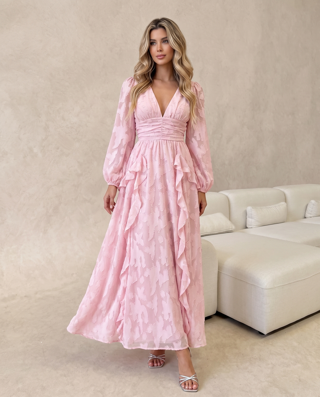 V‑Neck Ruffled Jacquard Long Sleeve Maxi Dress