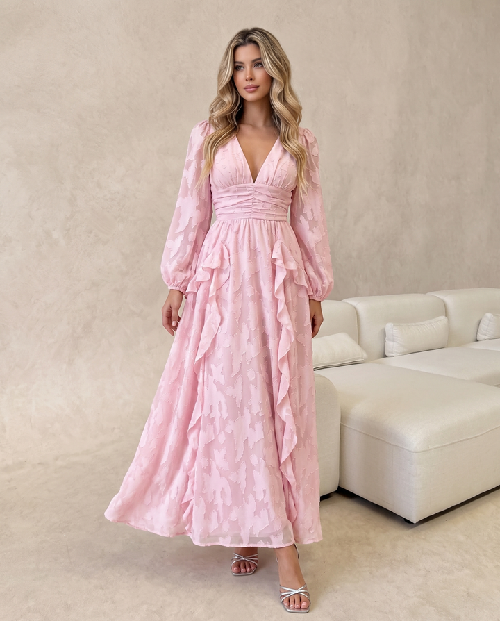 V‑Neck Ruffled Jacquard Long Sleeve Maxi Dress