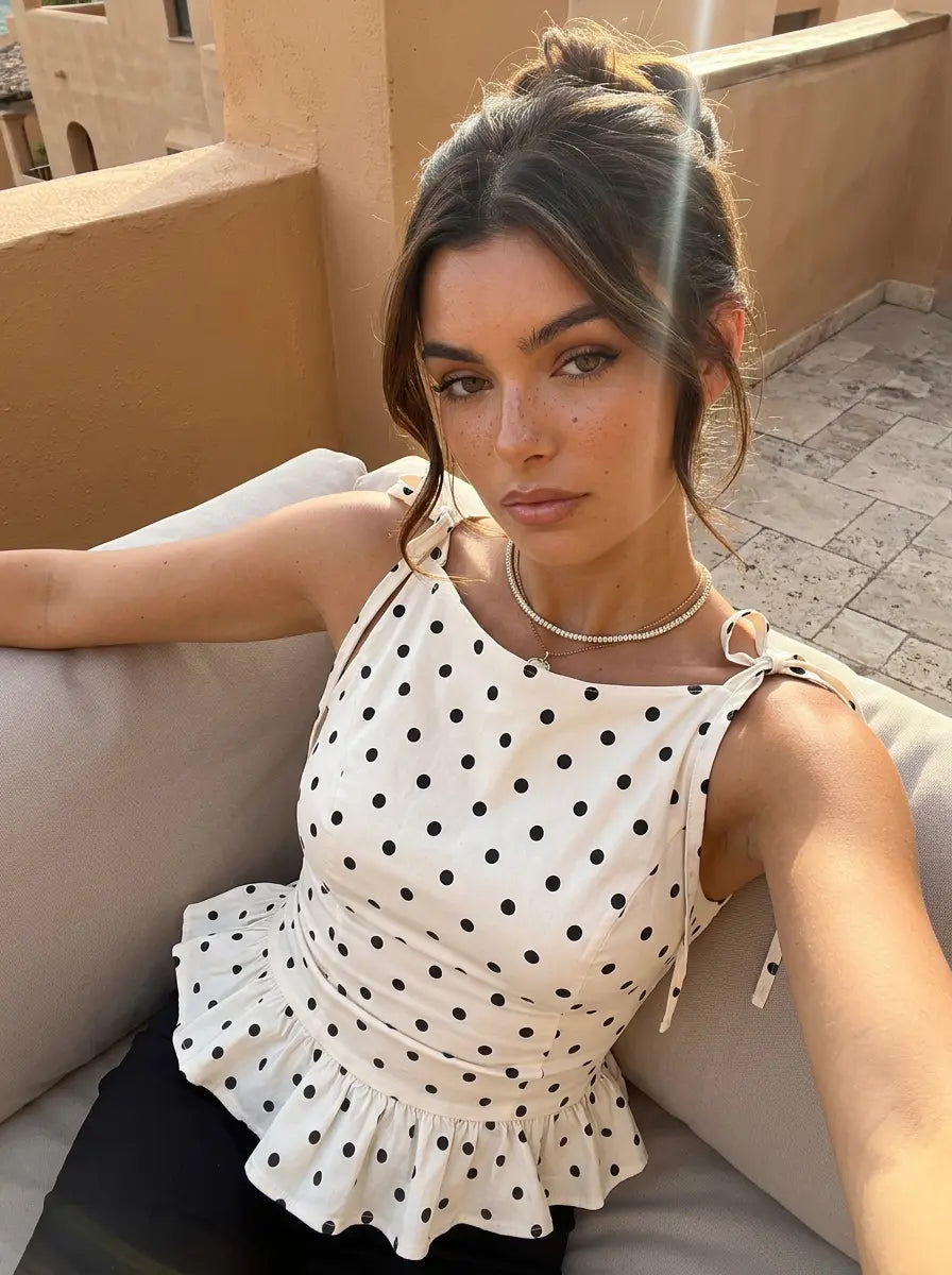 SOLACE  White Black Polka Dot Tie Shoulder Ruched Peplum Cami Top 