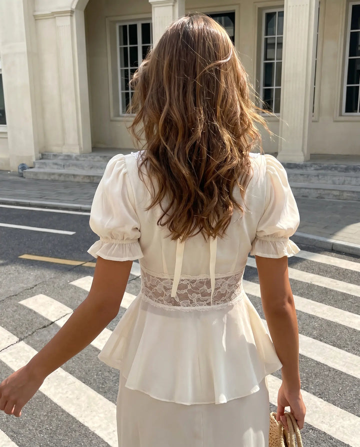 SOLACE  Cream Lace Trim Puff Sleeve Peplum Blouse 