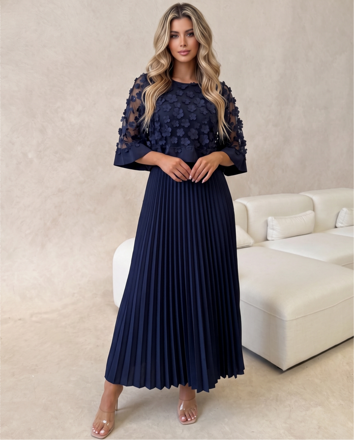 Elegant 3D Floral Pleated Maxi Dress