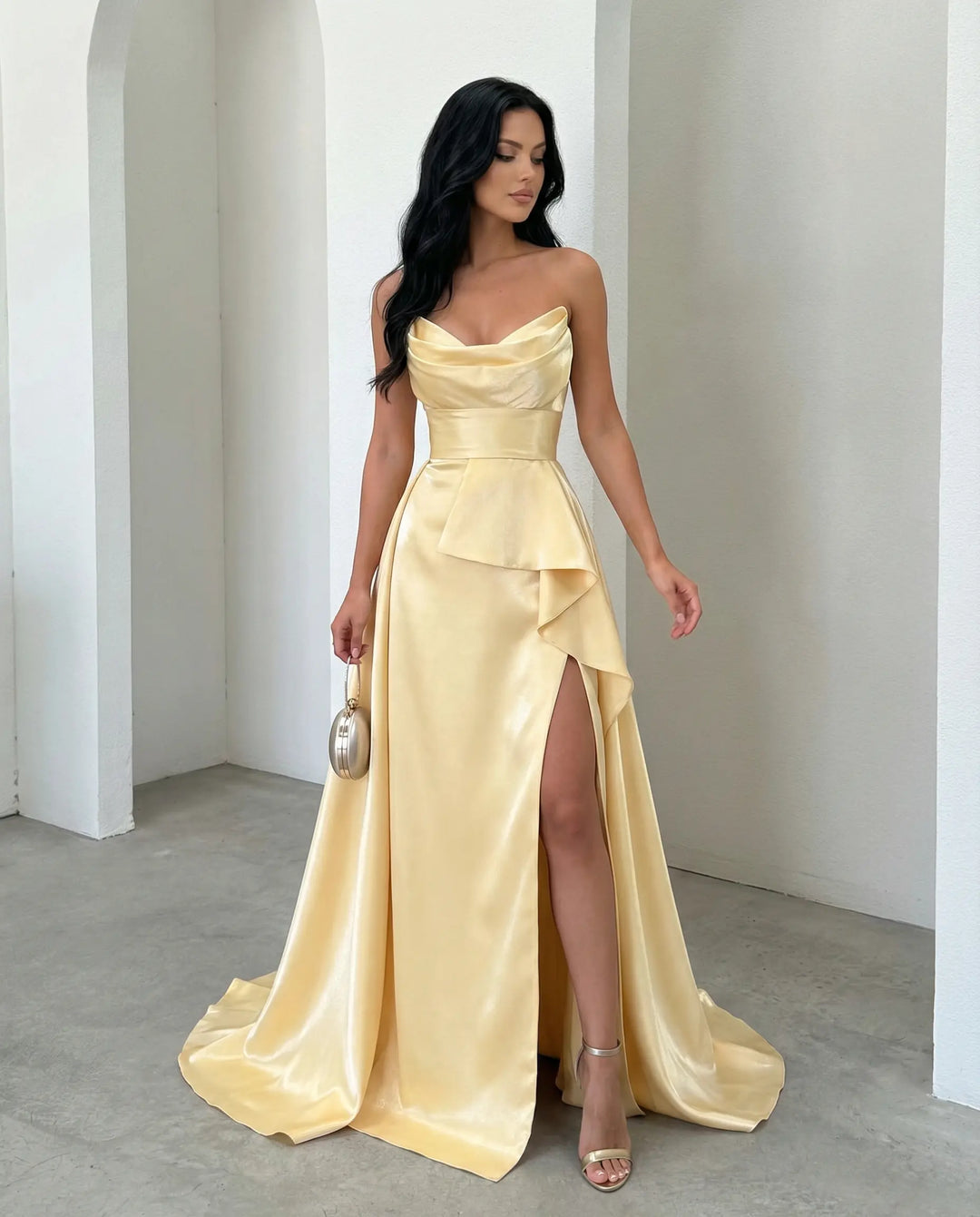 SOLACE  Pale Yellow Cowl Neck Strapless Ruffle High Slit Satin Maxi Dress 