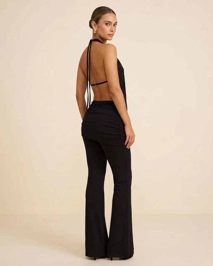 Black Halter Neck Cowl Backless Crop Top Flare Leg Pants Set SOLACE