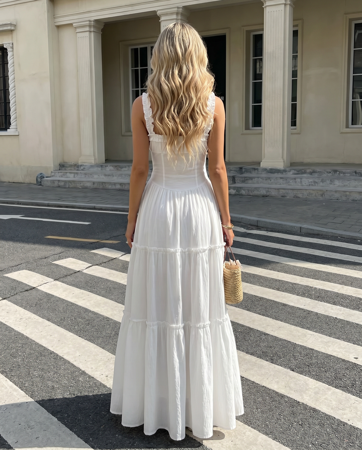 SOLACE  White Square Neck Tiered Maxi Dress 