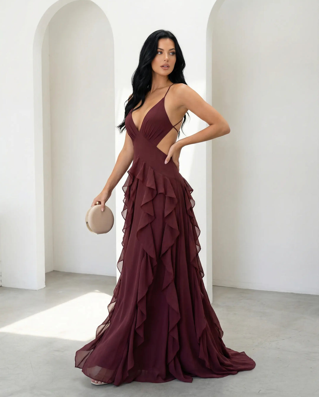 SOLACE  Burgundy Deep V Spaghetti Strap Cutout Ruffle High Slit Chiffon Maxi Dress 