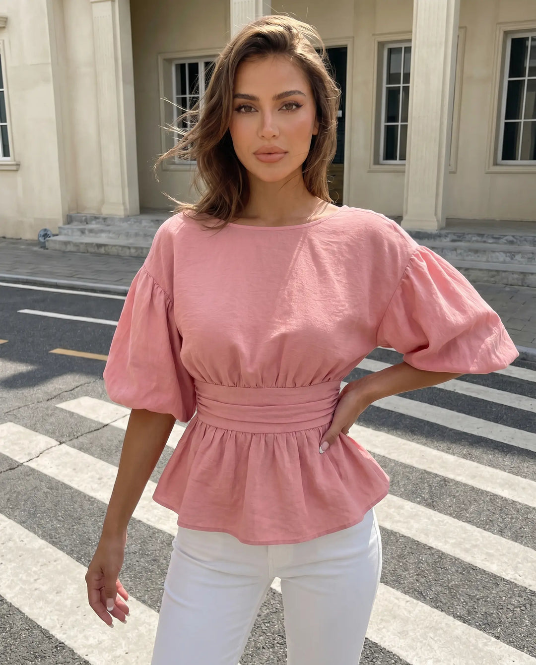 SOLACE  Pink Puff Sleeve Bow Back Peplum Blouse 