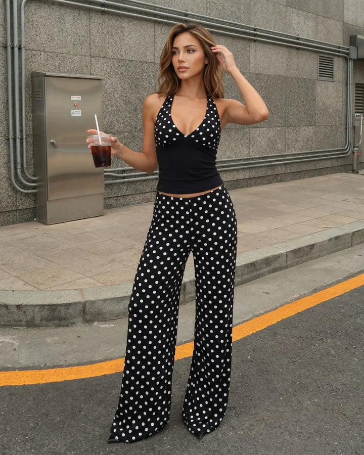 SOLACE  Black Polka Dot Halter Neck Tops Wide Leg Slim Fit Long Pants Set 