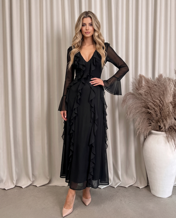 Romantic Ruffle Trim Sheer Black Chiffon Formal Maxi Dress