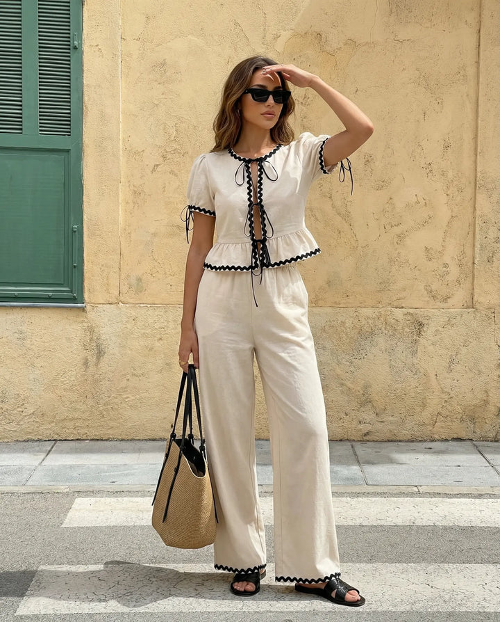 SOLACE  White Ric Rac Trim Tie-Front Peplum Top and Wide Leg Pants Two-Piece Set 