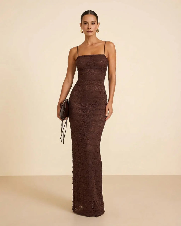 Brown Lace Spaghetti Strap Bodycon Back Slit Maxi Dress SOLACE
