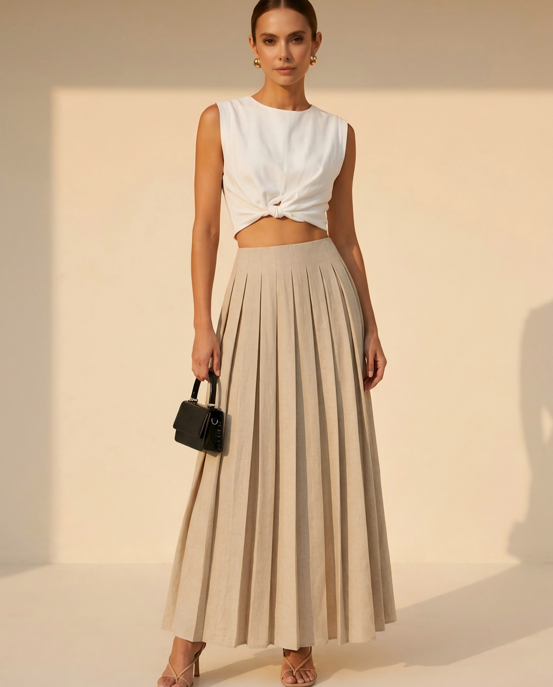 SOLACE  Beige Minimalist Linen Blend Pleated High Waist Maxi Skirt 