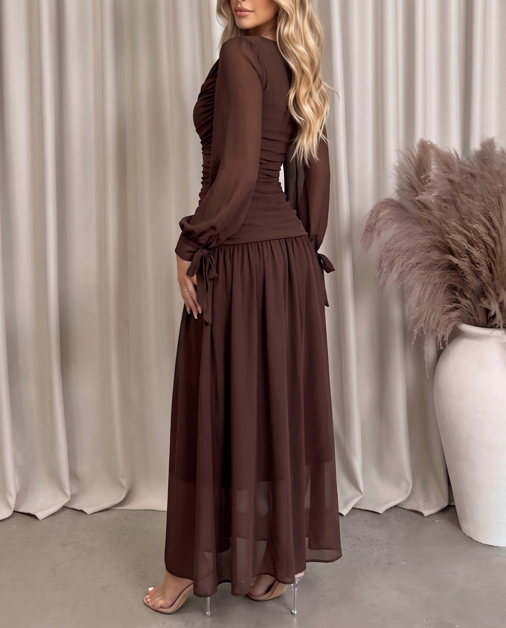 Brown Cowl Neck Tie‑Cuff Chiffon Maxi Dress