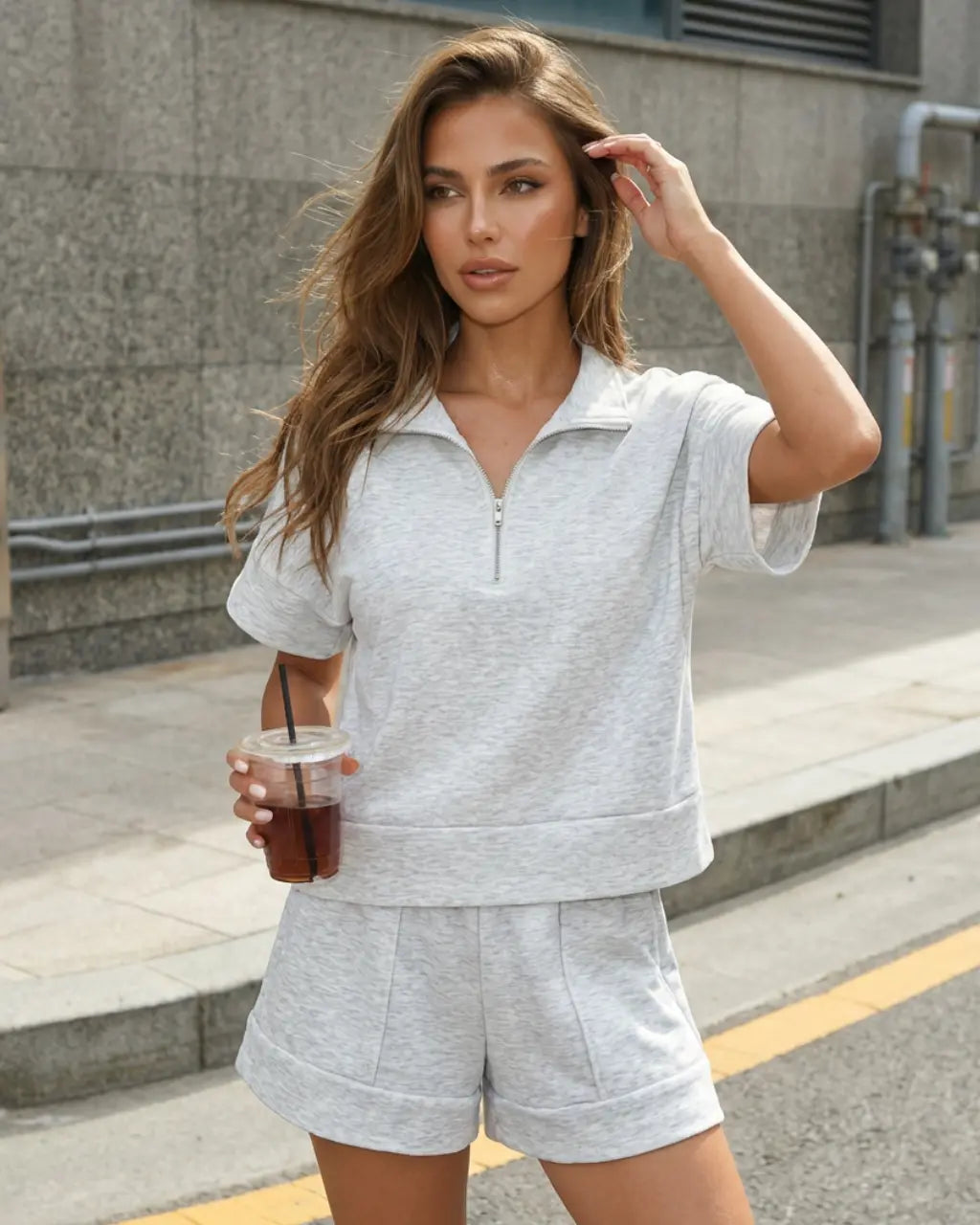 SOLACE  Heather Grey Quarter Zip Top Soft Jersey Relaxed Regular Shorts Set 