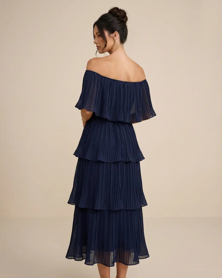 SOLACE  Navy Blue Pleated Tiered Slim Fit Midi Dress 