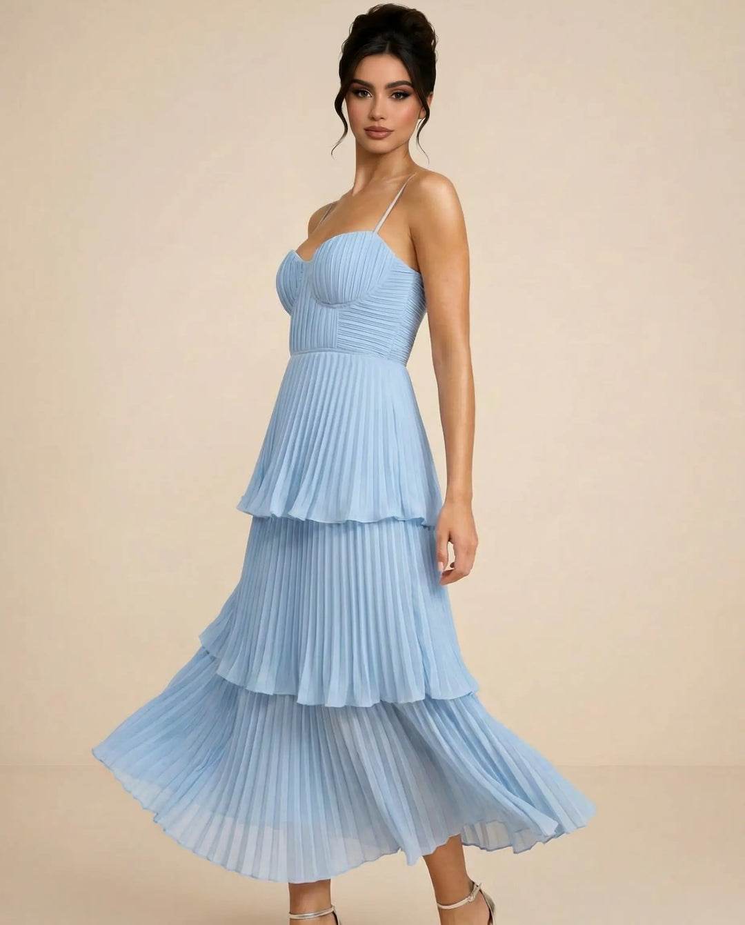 SOLACE  Light Blue Tiered Pleated Chiffon Slim Fit Midi Dress 