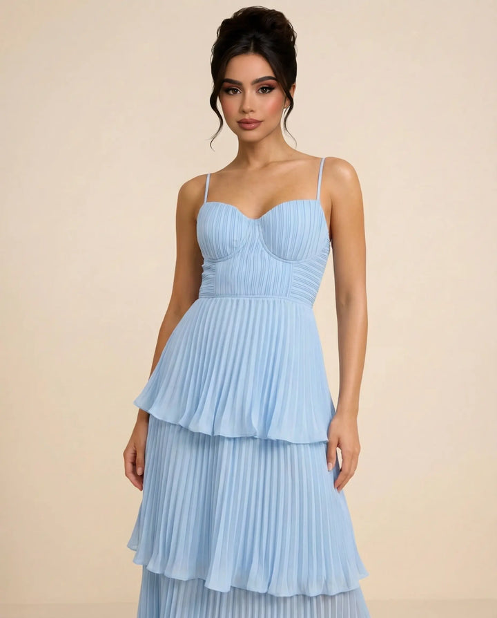 SOLACE  Light Blue Tiered Pleated Chiffon Slim Fit Midi Dress 