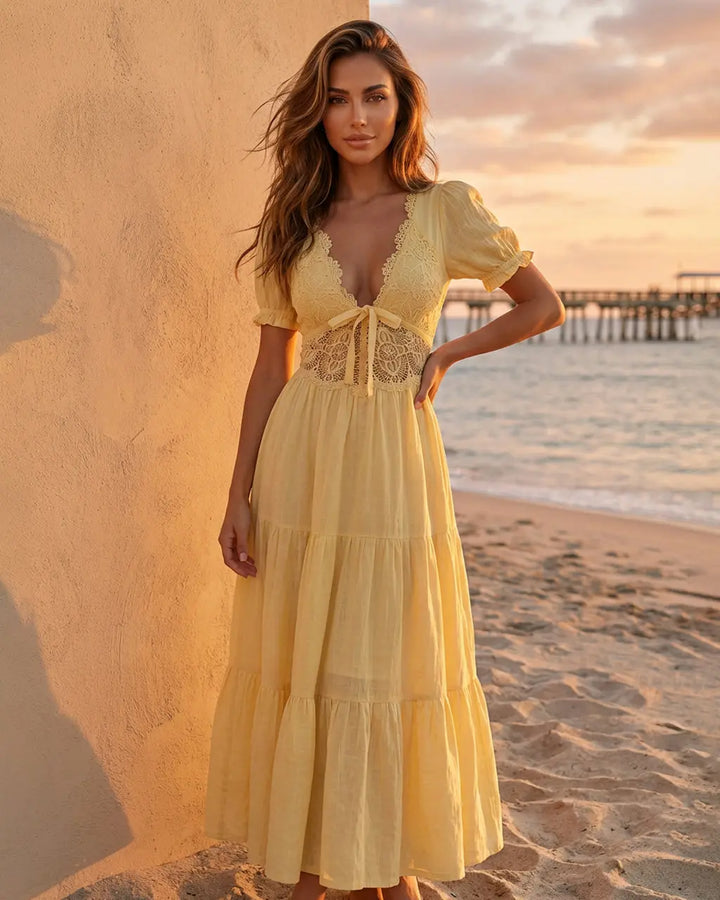 SOLACE  Yellow Lace Bodice with Crochet Trim Slim Fit Maxi Dress 