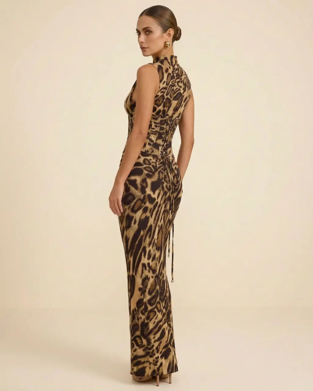 Leopard Print High Neck Sleeveless Corset Waist Maxi Dress SOLACE
