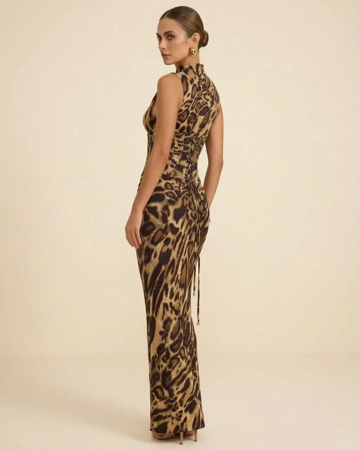 Leopard Print High Neck Sleeveless Corset Waist Maxi Dress SOLACE