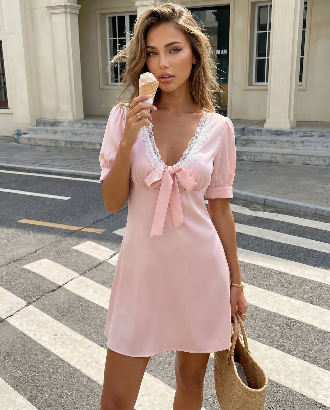 SOLACE  Pink Lace Trim Bow Front Short Sleeve Mini Dress 