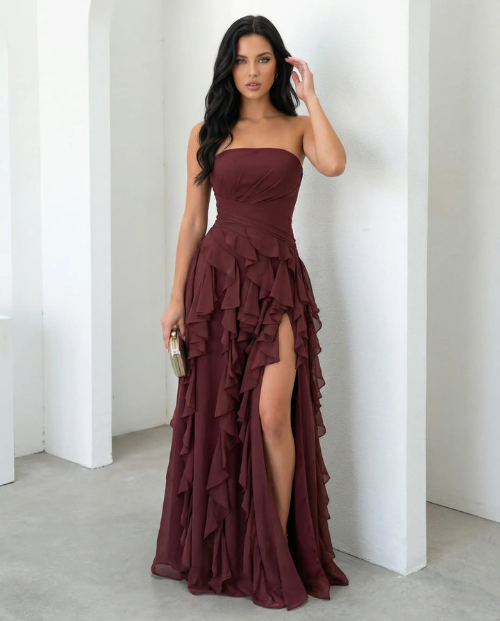 SOLACE  Burgundy Strapless Ruched Waist Cascading Ruffle High Slit Chiffon Maxi Dress 