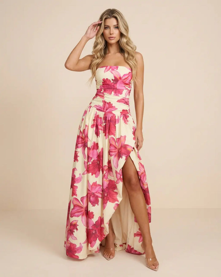 Pink Floral Strapless Ruched High Slit Maxi Dress SOLACE