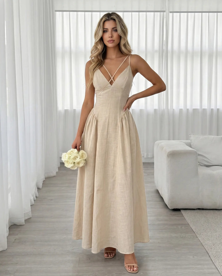 SOLACE  Beige Cross Strap V Neck Maxi Dress 