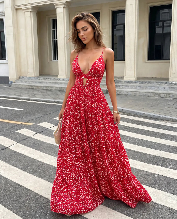 SOLACE  Red Floral Print Spaghetti Strap Maxi Dress 