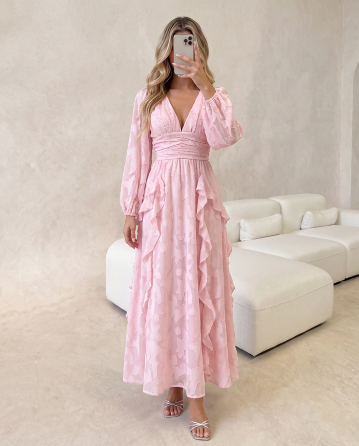 V‑Neck Ruffled Jacquard Long Sleeve Maxi Dress
